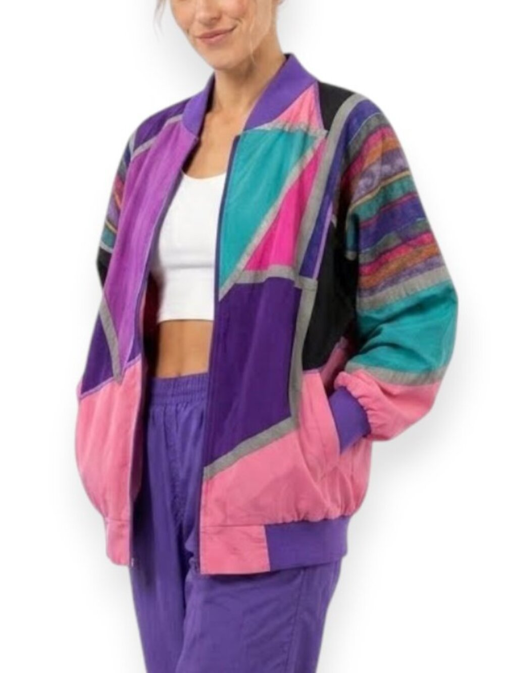 Vintage Women's 80's Multi-Colored Full Zip Batwing Bomber Windbreaker Jacket
